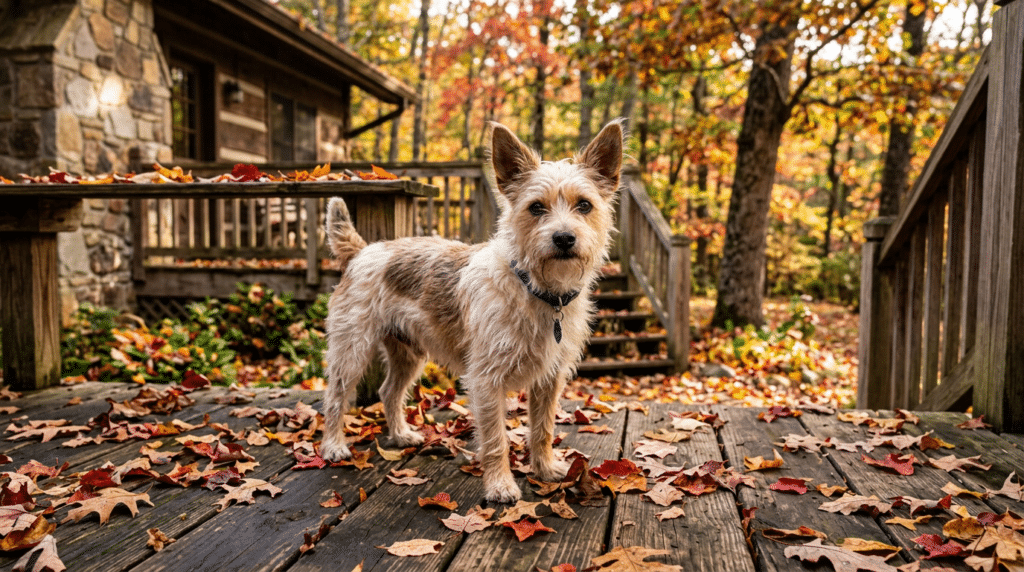 THC and CBD affect dogs autumn deck warning with a small terrier standing on a leaf-covered wooden deck.