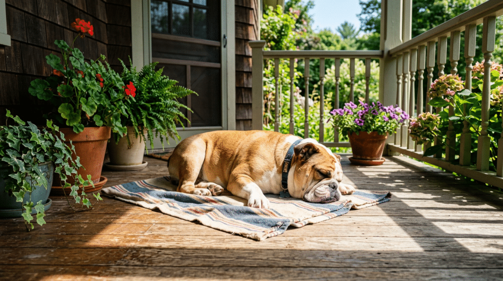 THC and CBD affect dogs sunny porch home scene with a bulldog resting on a blanket near potted flowers.
