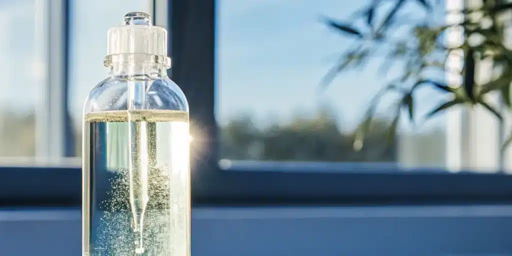 Transparent cannabis oil bottle with pipette and bubbles illuminated by sunlight.
