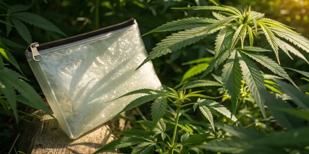 UV-resistant cannabis storage bag next to growing plant outdoors in sunlight.