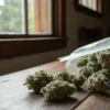 Vacuum sealed cannabis buds home storage with fresh cannabis flowers partially removed from a plastic bag on a wooden table.