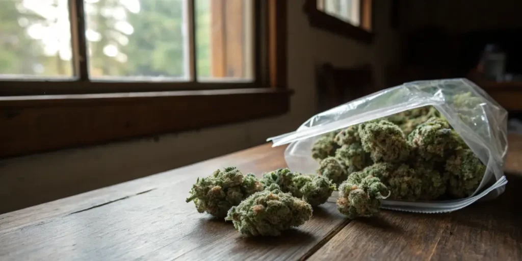 Vacuum sealed cannabis buds home storage with fresh cannabis flowers partially removed from a plastic bag on a wooden table.