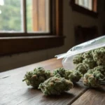 Vacuum sealed cannabis buds home storage with fresh cannabis flowers partially removed from a plastic bag on a wooden table.