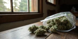 Vacuum sealed cannabis buds home storage with fresh cannabis flowers partially removed from a plastic bag on a wooden table.