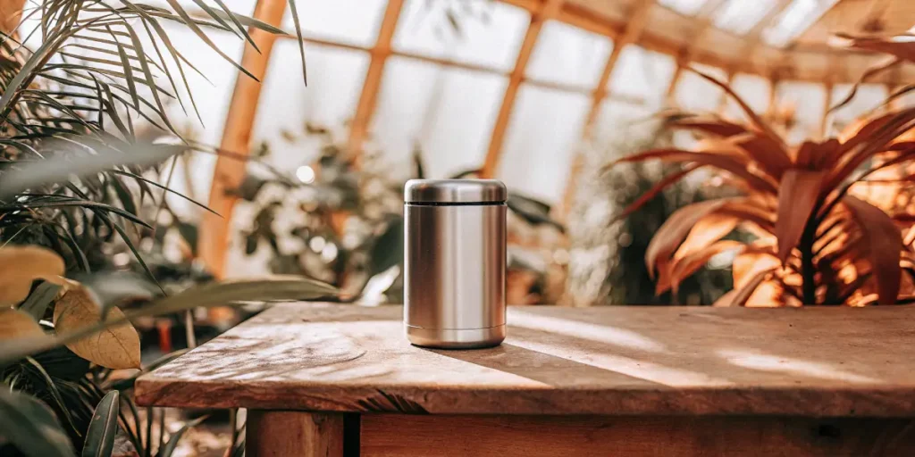 Stainless steel vacuum-sealed cannabis container on wooden table in greenhouse setting.