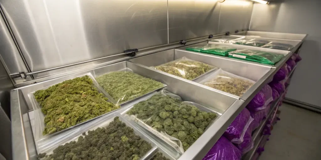 Multiple vacuum sealed cannabis packages arranged in industrial storage unit.