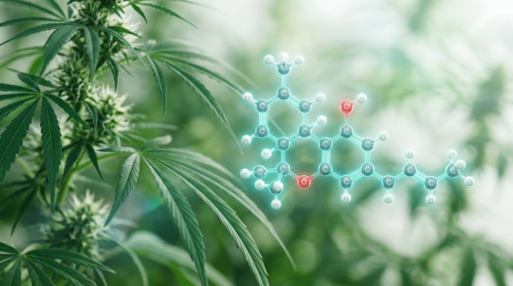 What is THCV cannabinoid molecule cannabis plant illustration with a glowing THCV structure beside flowering cannabis.