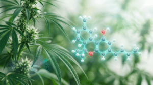 What is THCV cannabinoid molecule cannabis plant illustration with a glowing THCV structure beside flowering cannabis.