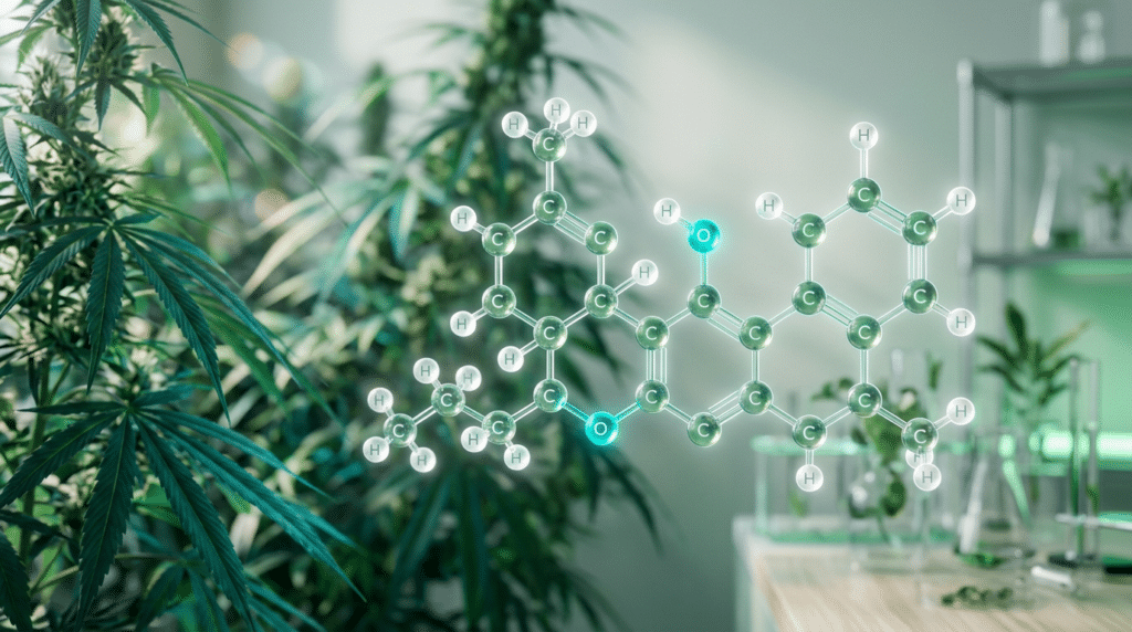 What is THCV rare cannabinoid lab cannabis scene with a THCV molecular structure over cannabis plants and lab equipment.