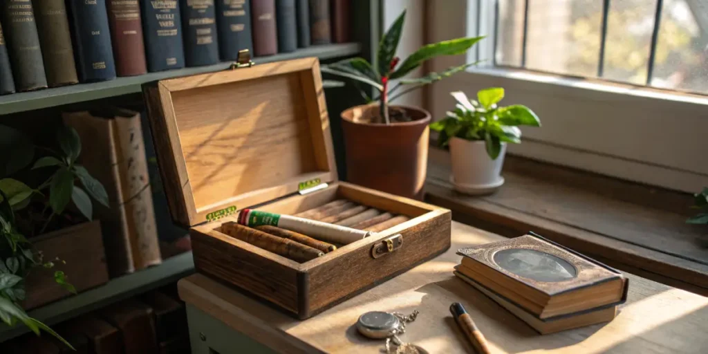 Wooden box with cannabis pre-rolls stored neatly on table near window.