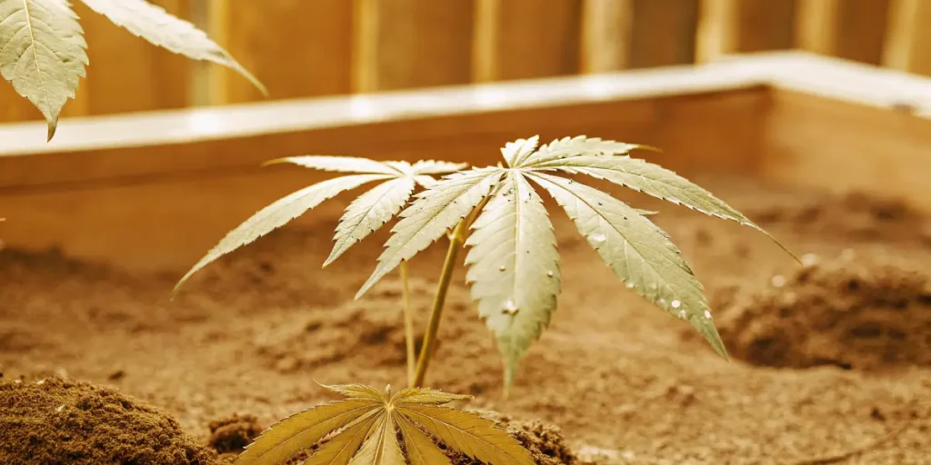 Young cannabis plant growing in a raised soil bed with visible moisture on the leaves.