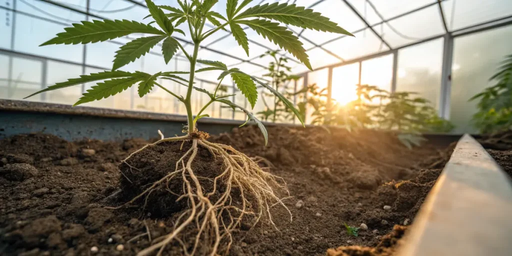 Young cannabis plant root system greenhouse with detailed roots spreading through soil in a sunlit indoor grow environment.