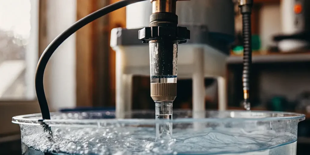 Activated carbon filter submerged in water during laboratory filtration process.