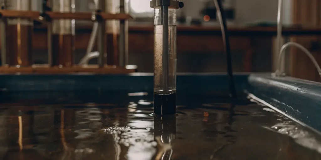 Activated carbon filtration device submerged in liquid for purification in laboratory setting.