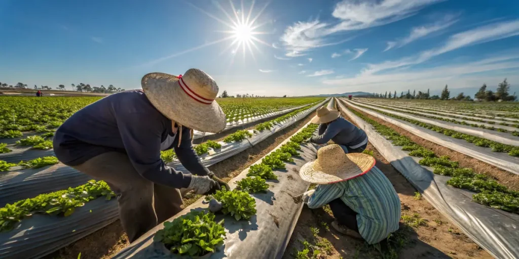 Farm workers tending crops in rows under bright sunlight in an open field.