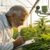 Agronomist inspecting cannabis plants and taking notes in greenhouse.