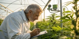 Agronomist inspecting cannabis plants and taking notes in greenhouse.