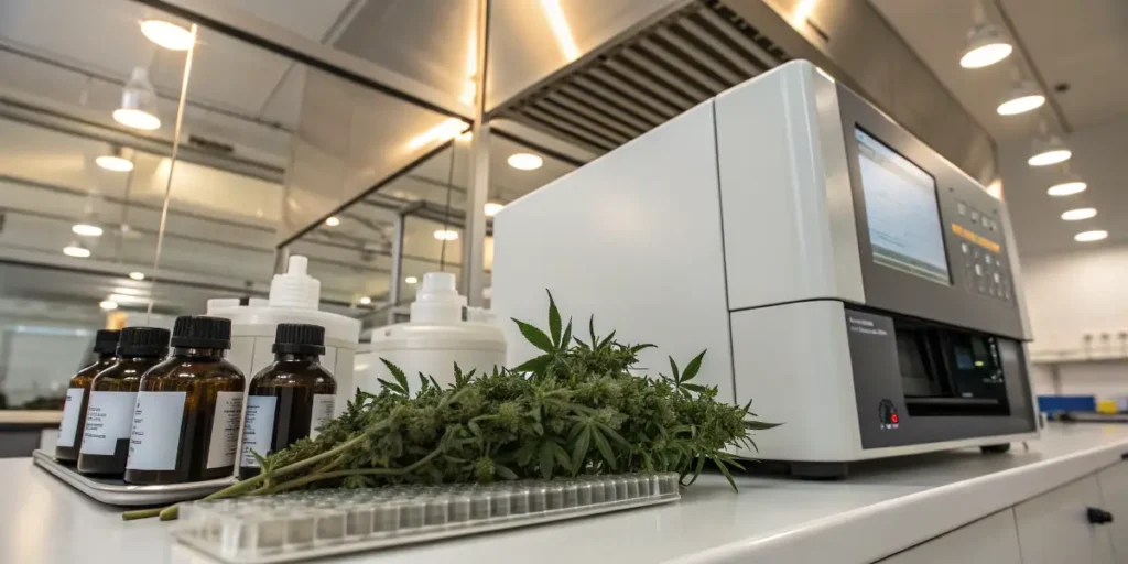 Cannabis samples and scientific bottles next to analytical machine in laboratory.