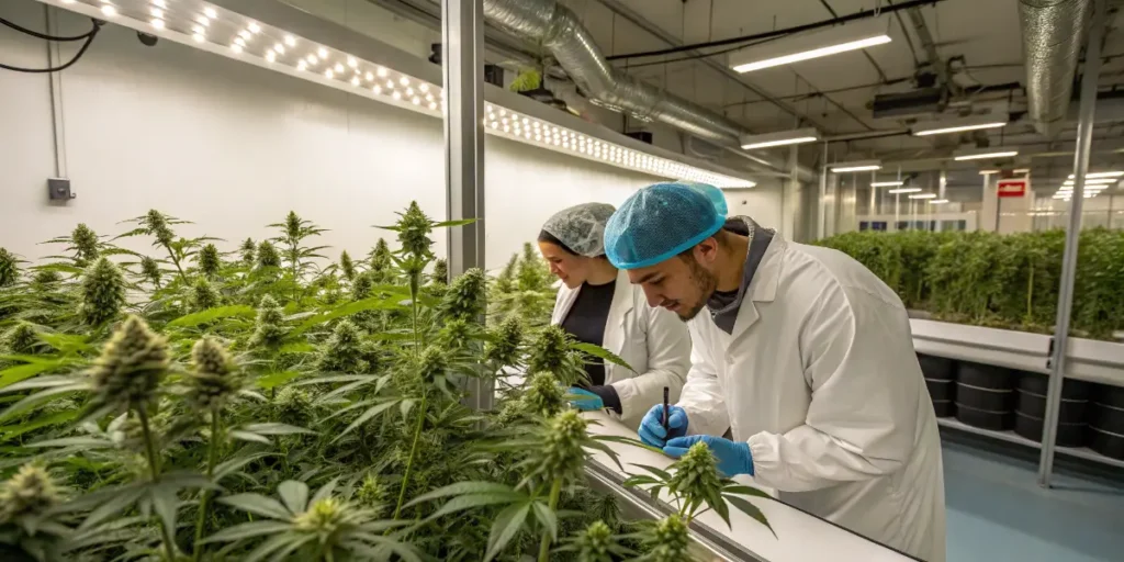 Cannabis researchers evaluating flowering plants and recording data in a commercial breeding facility.