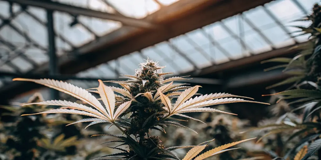 Close-up of cannabis bud growing in greenhouse with natural sunlight.