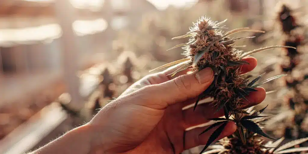 Sweet Black Rose cannabis buds with purple leaves and frosty trichomes,.