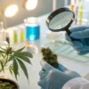 Scientist inspecting cannabis bud with magnifying glass in laboratory.