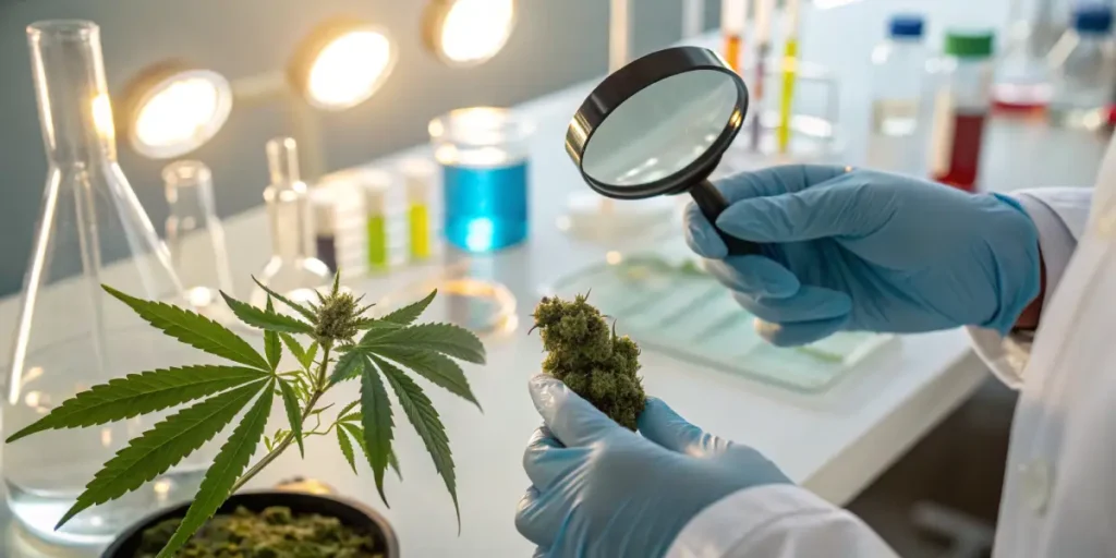 Scientist inspecting cannabis bud with magnifying glass in laboratory.