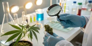 Scientist inspecting cannabis bud with magnifying glass in laboratory.