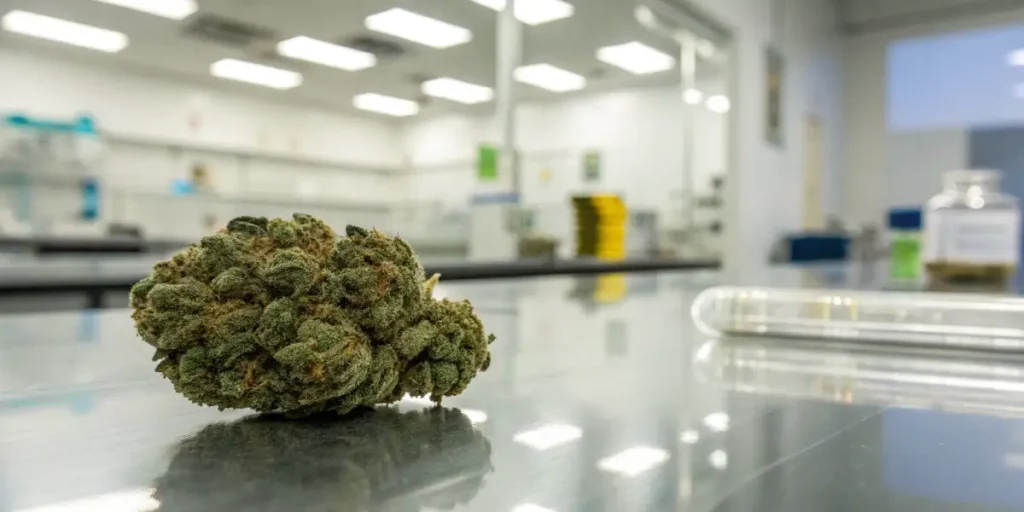 Single cannabis bud on a laboratory table for quality testing and analysis.