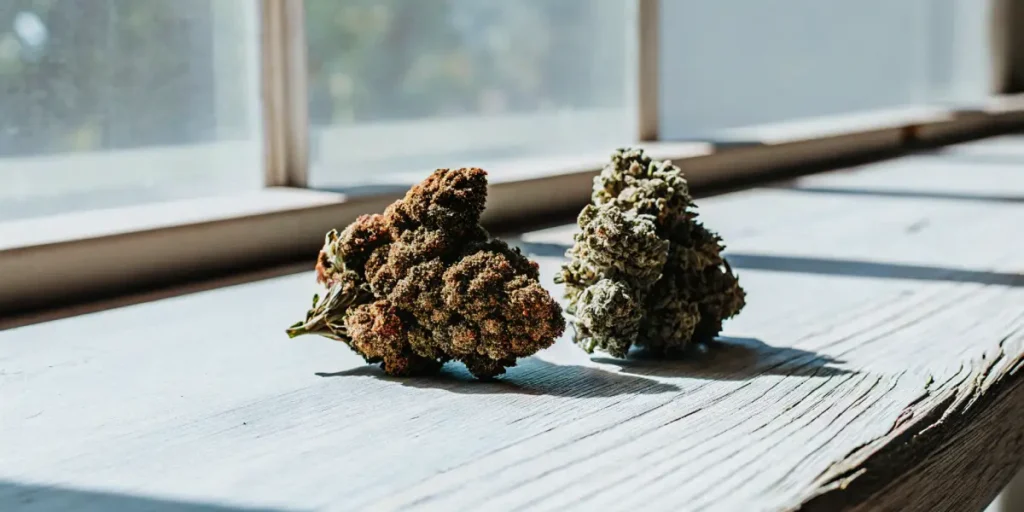 Two cannabis buds placed on a wooden surface near a window in natural light.