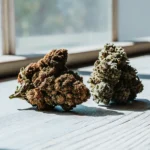 Two cannabis buds placed on a wooden surface near a window in natural light.