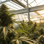 Lemon Skunk weed strain displaying dense green buds with frosty trichomes and purple-tinged leaves, highlighting its potent appearance.