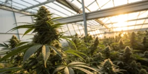 Lemon Skunk weed strain displaying dense green buds with frosty trichomes and purple-tinged leaves, highlighting its potent appearance.
