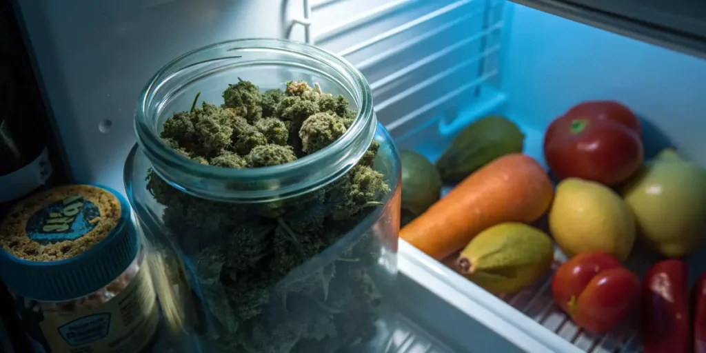 Glass jar filled with cannabis buds stored inside a refrigerator next to fresh vegetables.