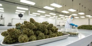 Cannabis buds on a tray in a laboratory processing environment with a technician in the background.