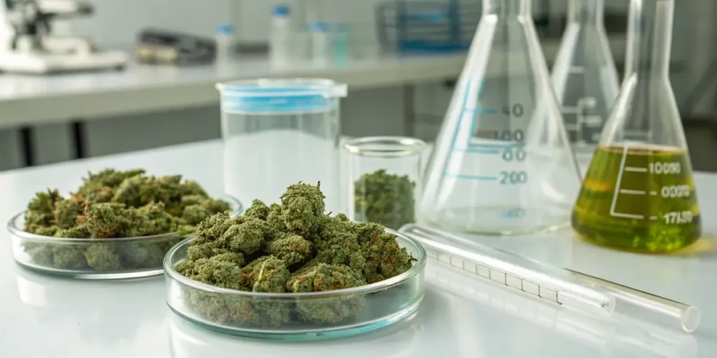 Cannabis buds placed in petri dishes next to laboratory glassware for testing.