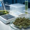 Cannabis buds on laboratory table with scientific testing equipment.