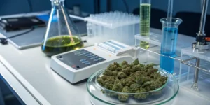 Cannabis buds on laboratory table with scientific testing equipment.