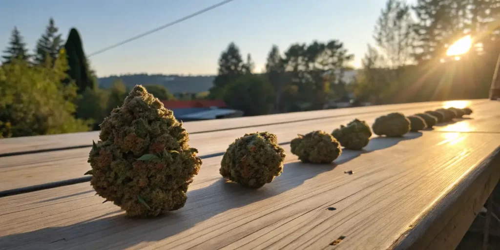 Cannabis buds lined up on a wooden table under sunset light outdoors.