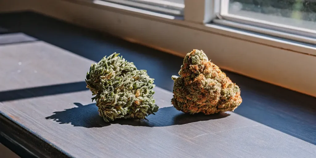 Two cannabis buds on a windowsill illuminated by natural sunlight.