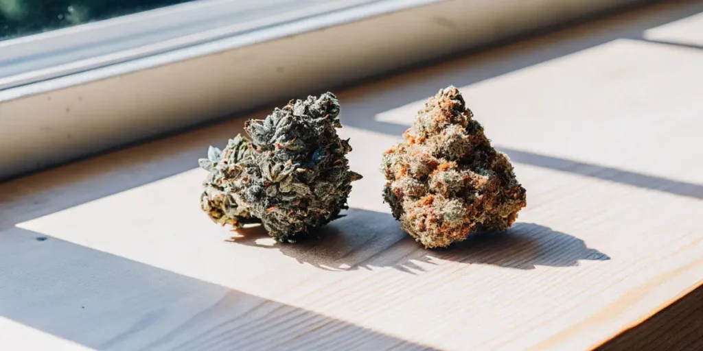 Two cannabis buds side by side illuminated by sunlight on a wooden table.