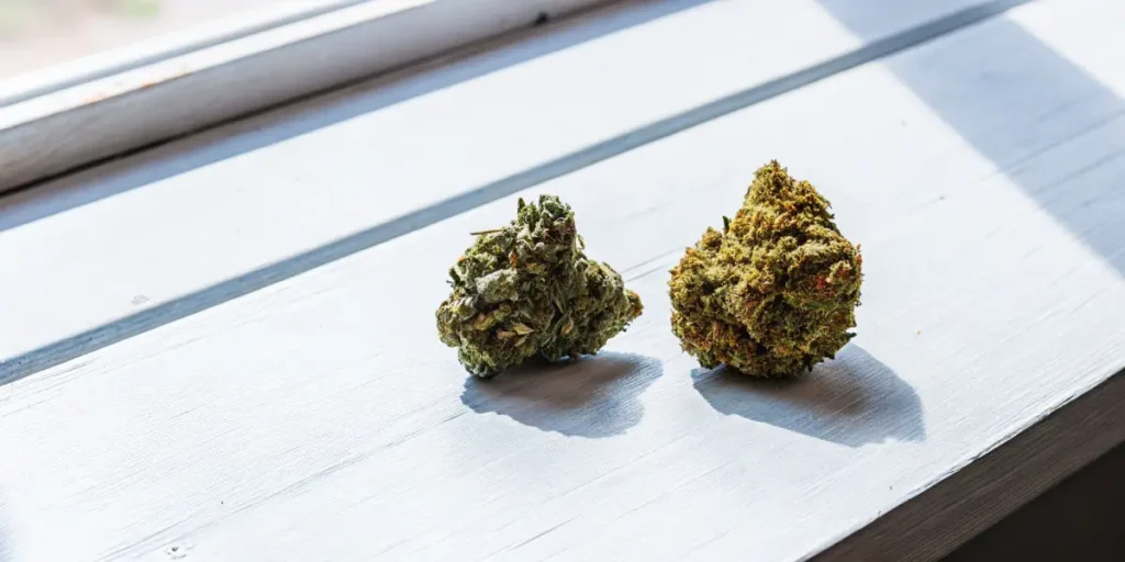 Two cannabis buds side by side on a wooden surface with sunlight.
