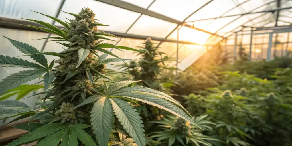 Cannabis cola in greenhouse with golden hour sunlight in background.