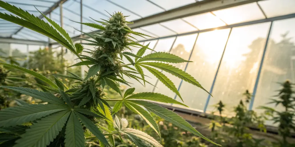 Cannabis cola growing in greenhouse with natural sunlight.