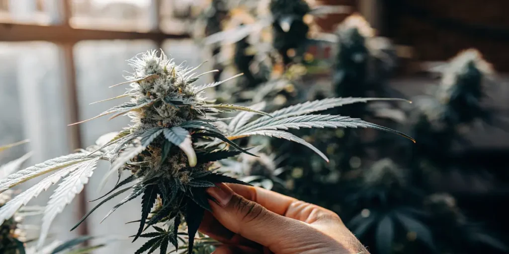 Hand inspecting a cannabis cola inside an indoor grow room.