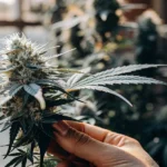 Hand inspecting a cannabis cola inside an indoor grow room.