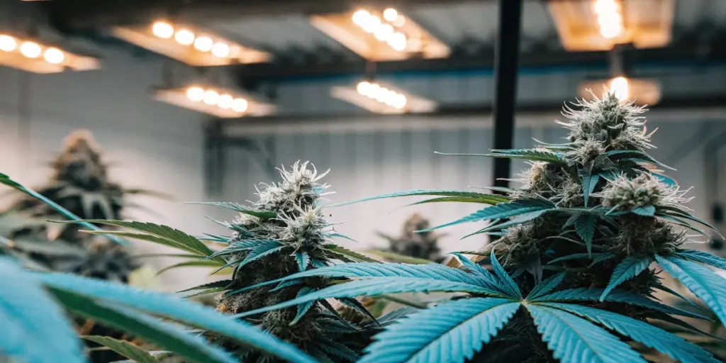 Cannabis colas under LED lights in indoor cultivation facility.