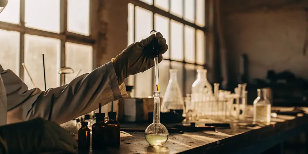 Laboratory technician transferring cannabis extract liquid into scientific flask.