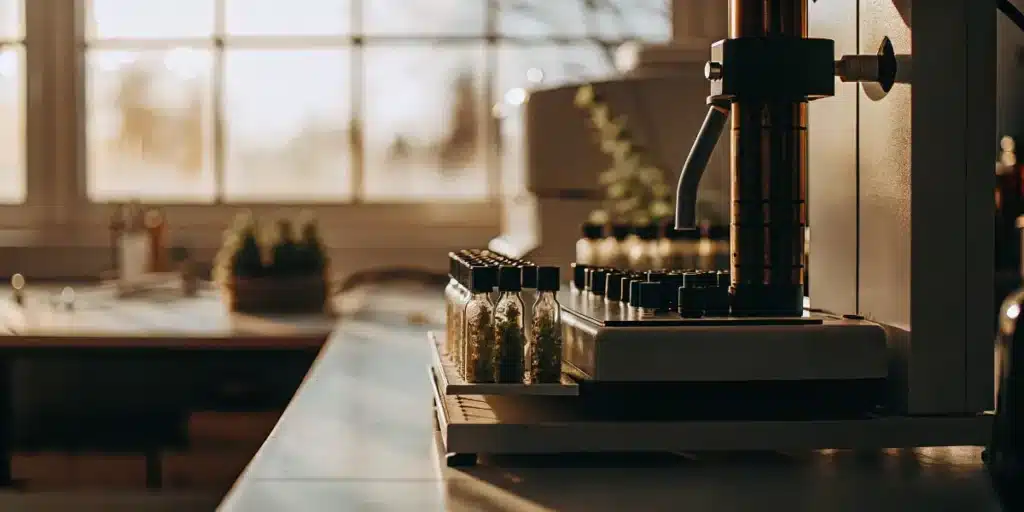 Cannabis sample vials beside analytical laboratory machine in warm lighting.