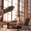 Scientist using pipette with cannabis extract solution in vintage laboratory setting.